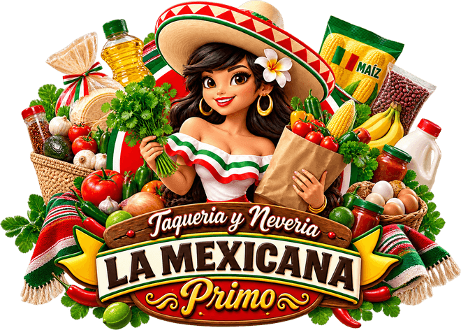 The La Mexicana Primo crest surrounded by groceries — a woman holding cilantro and a full paper bag, with produce, salsas, beans, rice and pantry staples around her