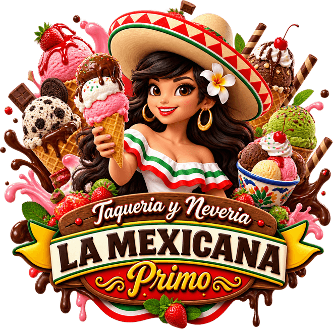 The La Mexicana Primo crest built out of ice cream — a woman in a sombrero holding a cone, surrounded by scoops, waffle cones, strawberries and chocolate